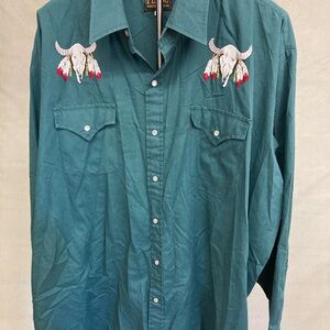Plains western wear Teal Pearl Snap Shirt with Embroidered Skull Mens 2X